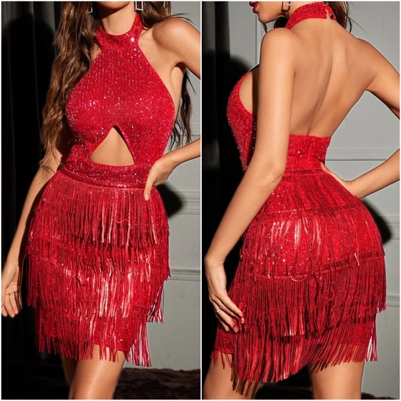 Luxe champagne Sequin Fringe Sexy Bodycon Evening Party halter Dress - Picture 4 of 8